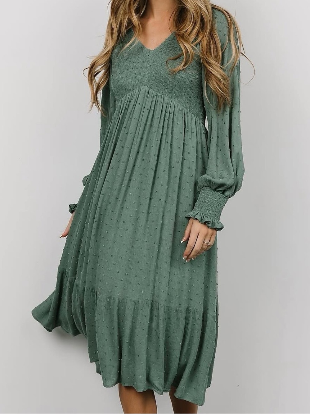 Baltic Born Lainey Smocked Dotted Long Sleeve Midi Dress Dark Sage Size L Boho